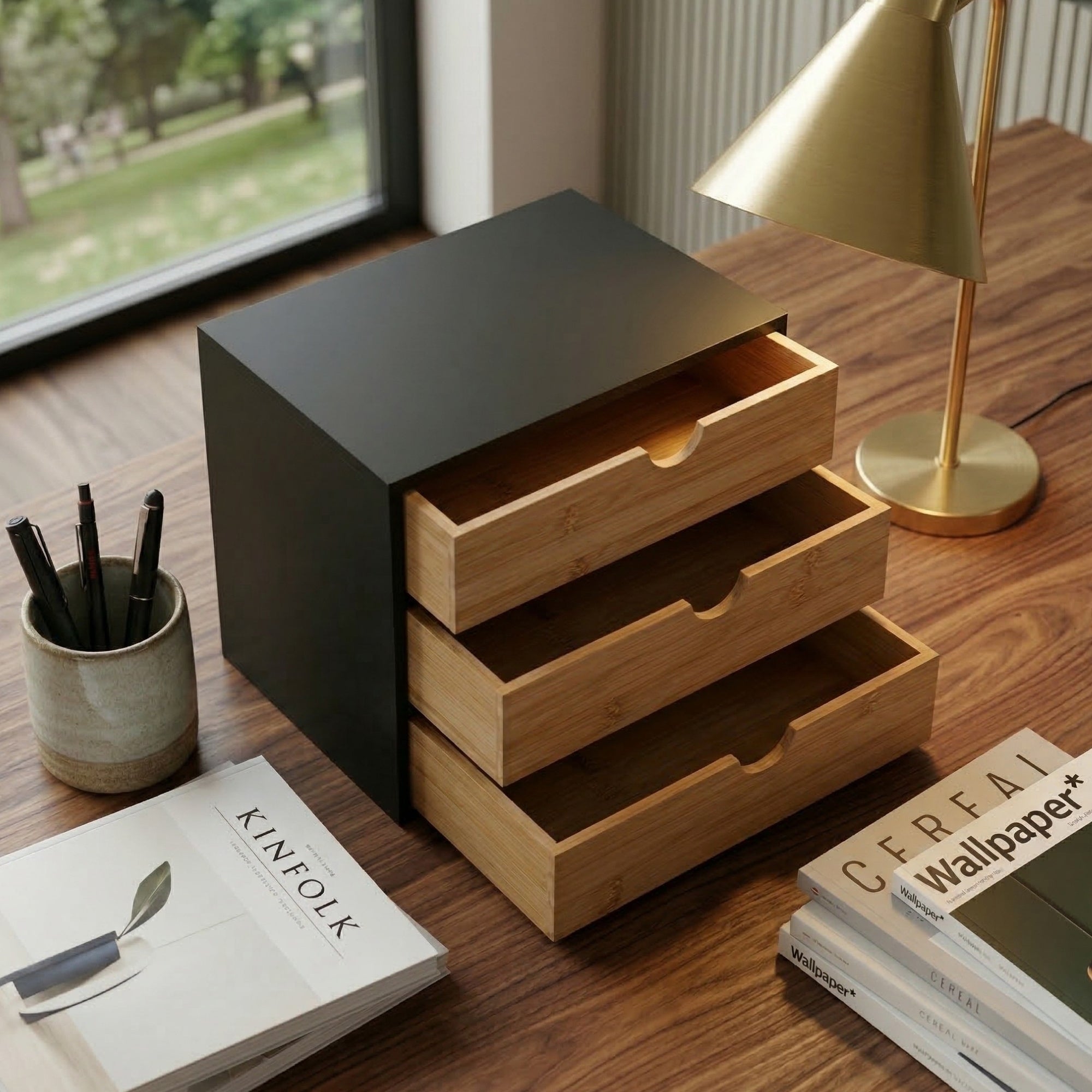Bambusowy organizer biurowy z szufladkami HEGO, 25 cm