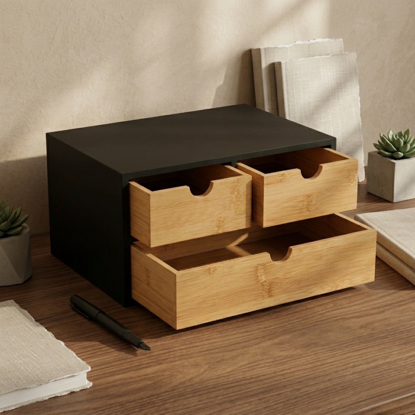 Bambusowy organizer na biurko HEGO, 16 cm, 3 szufladkowy