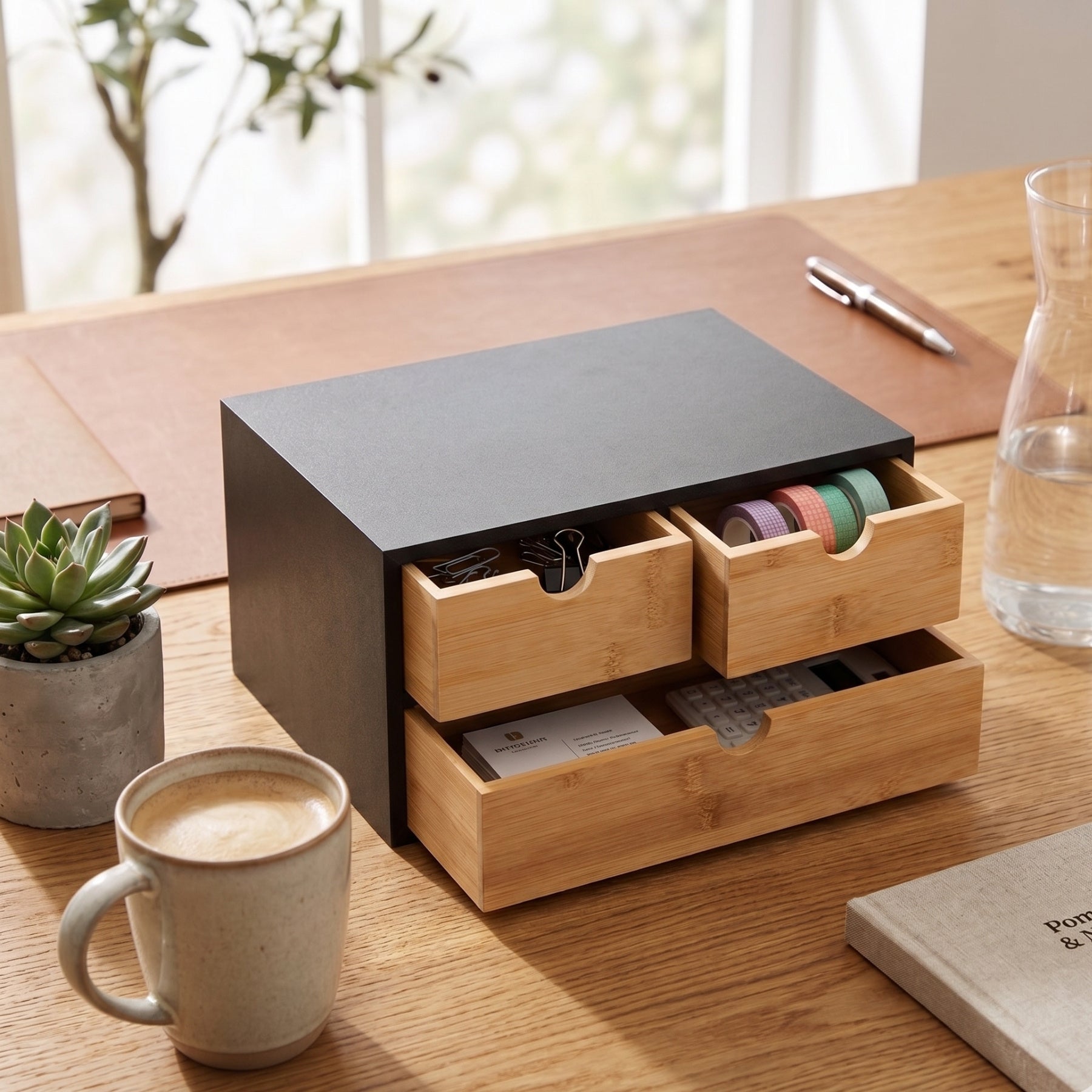 Bambusowy organizer na biurko HEGO, 16 cm, 3 szufladkowy