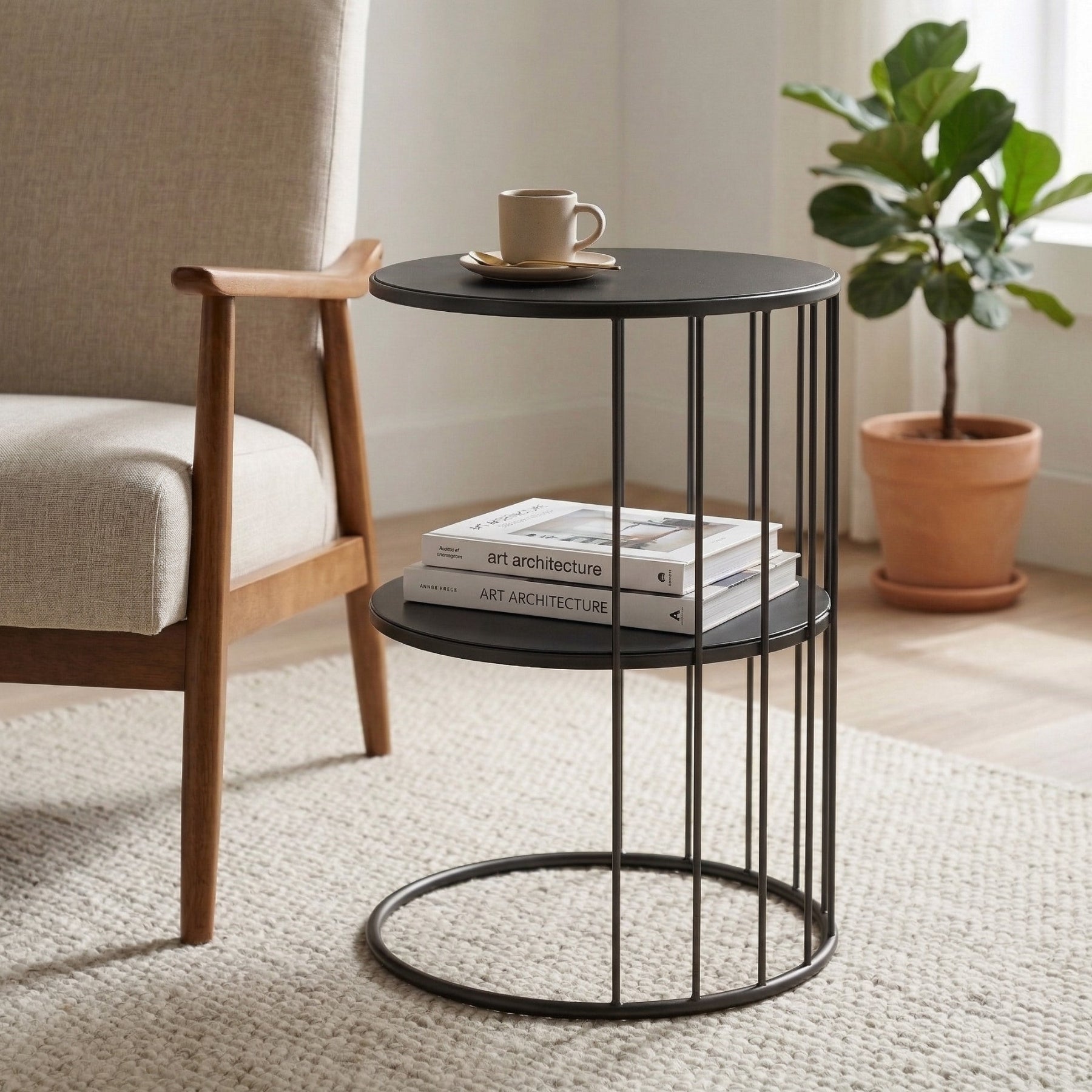 Okrągły stolik kawowy z metalu, z półką RODA, 52 cm