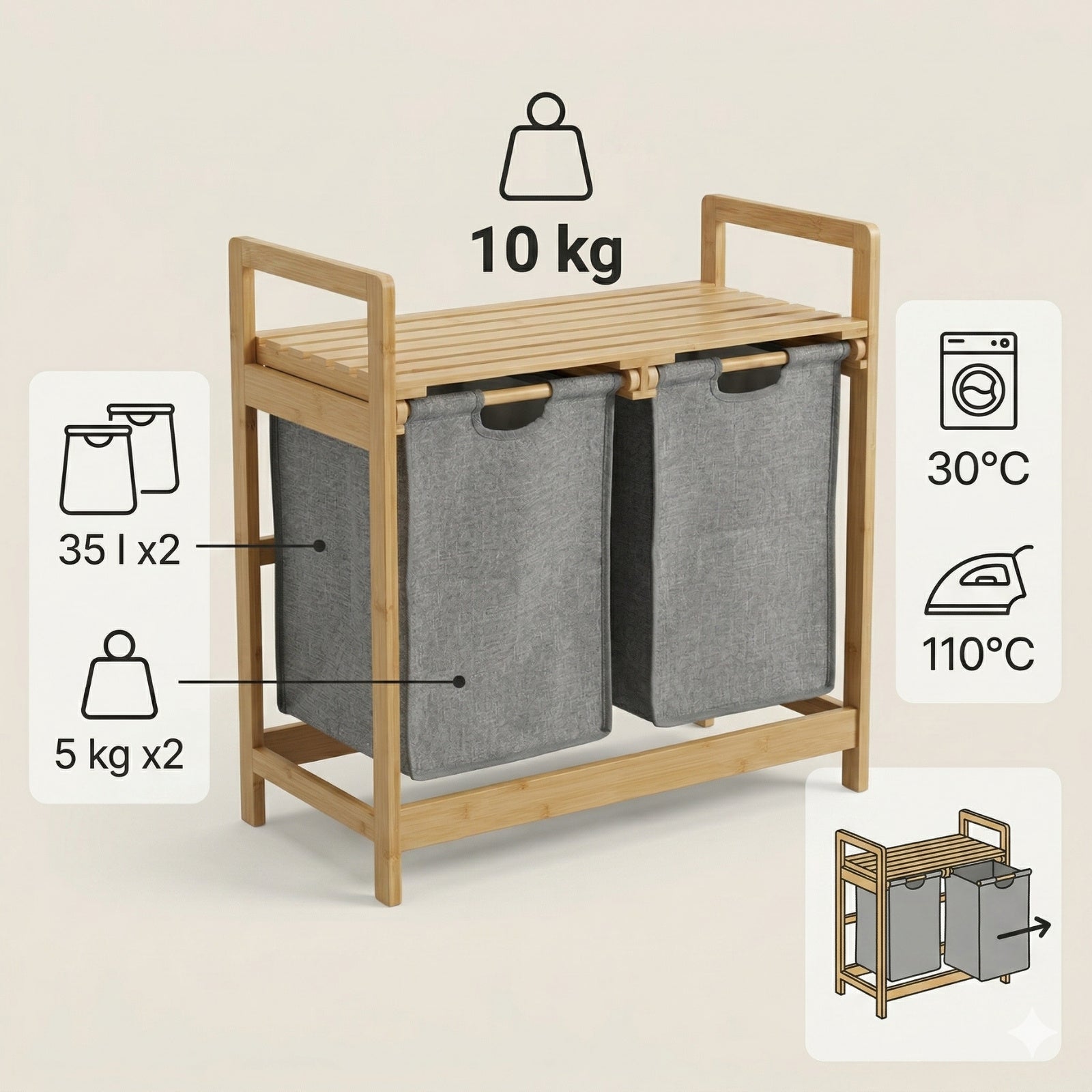 Podwójny kosz na pranie, bambusowy TELA, 70 l