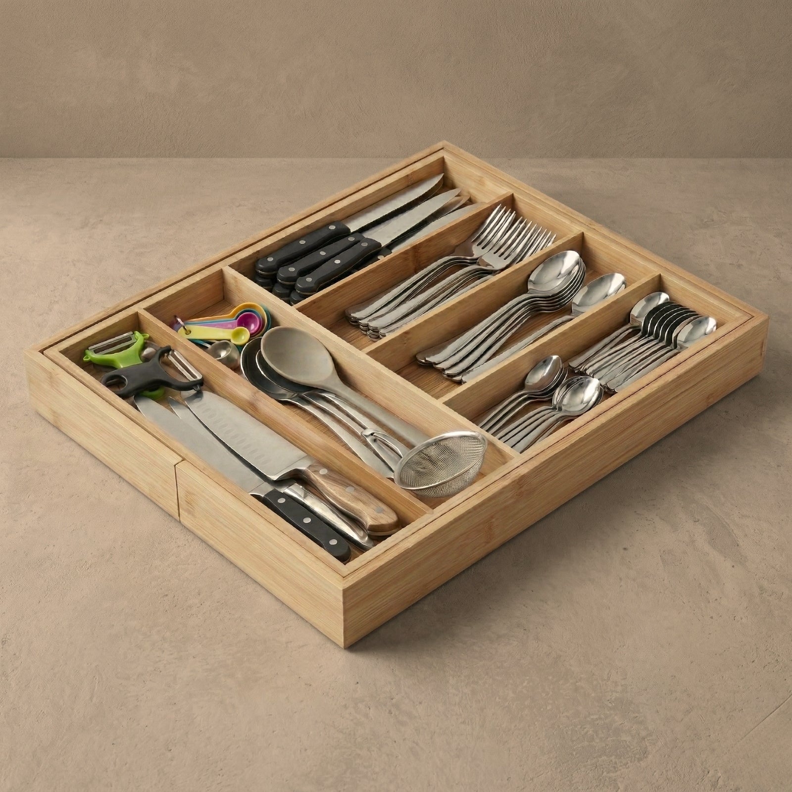 Rozkładany organizer na sztućce VARIO, 53 x 33-43 cm, bambus