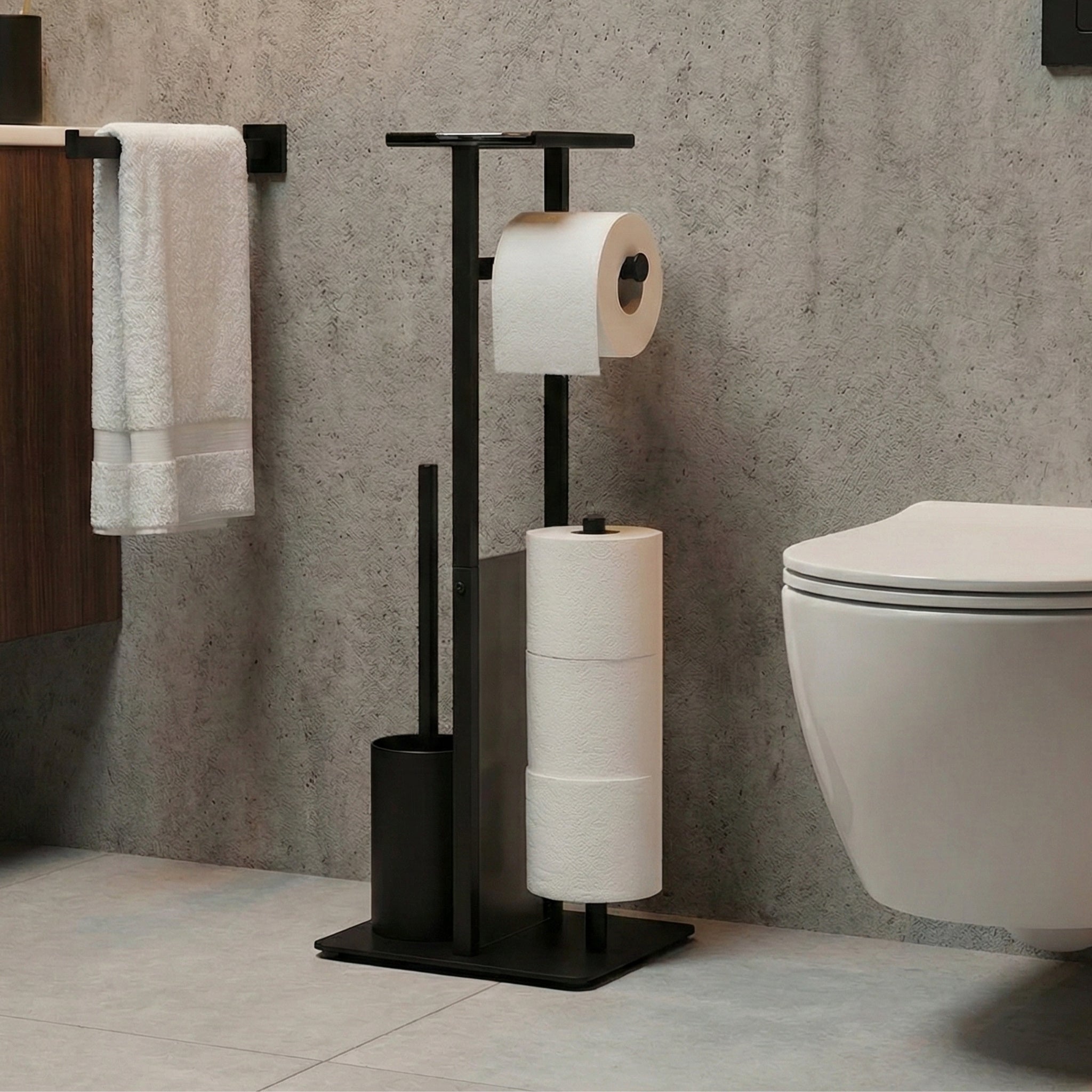 Stojak na papier toaletowy i szczotkę do WC z półką na telefon HYLLA,  65 cm