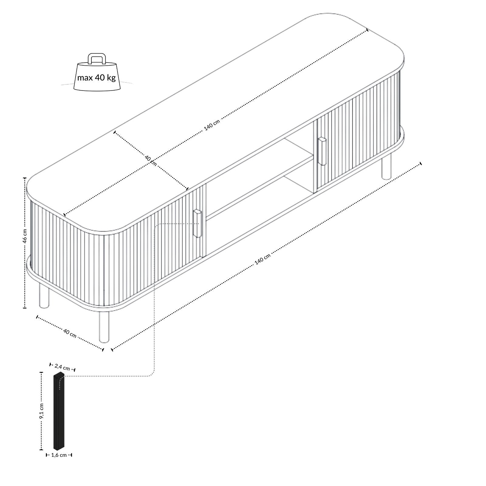 Szafka rtv ryflowana SCAVA, 140 x 40 x 46 cm