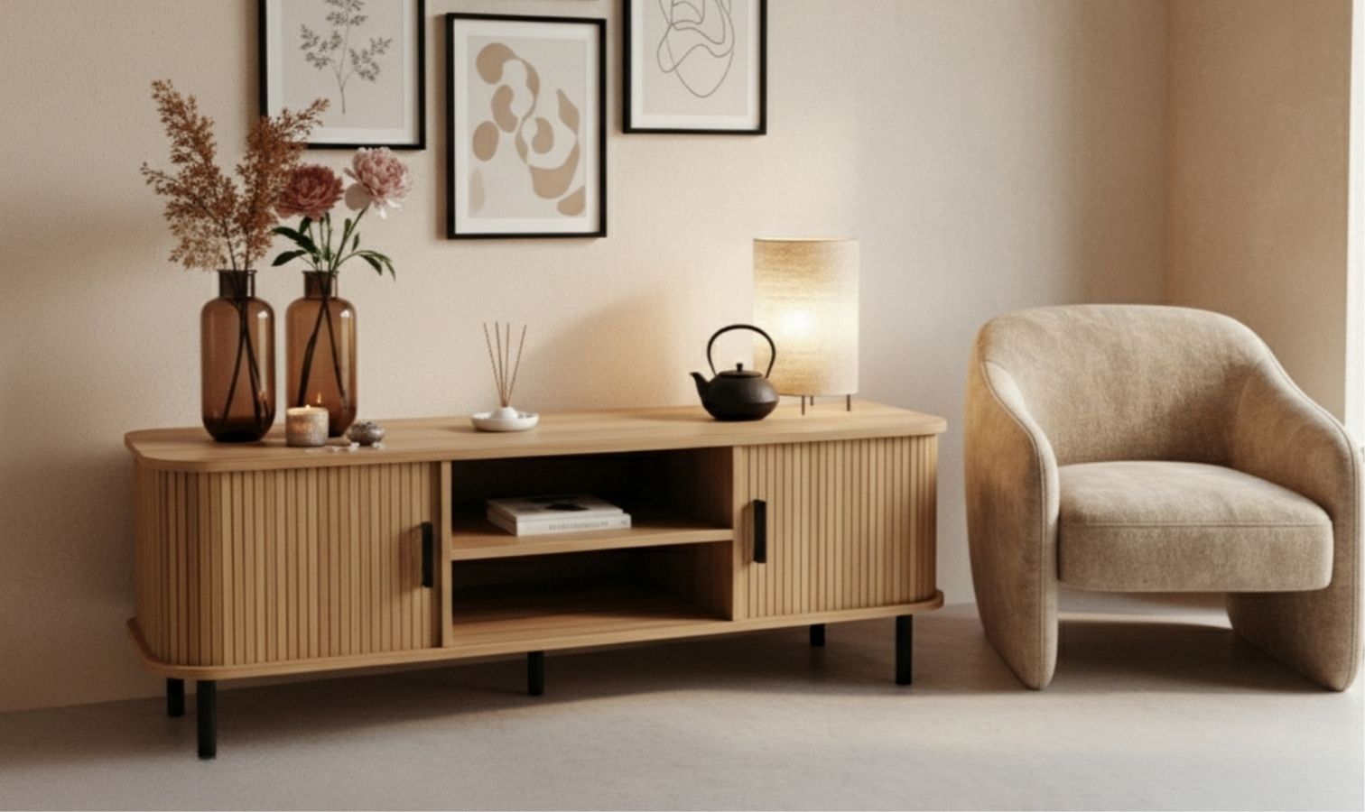 Szafka rtv ryflowana SCAVA, 140 x 40 x 46 cm