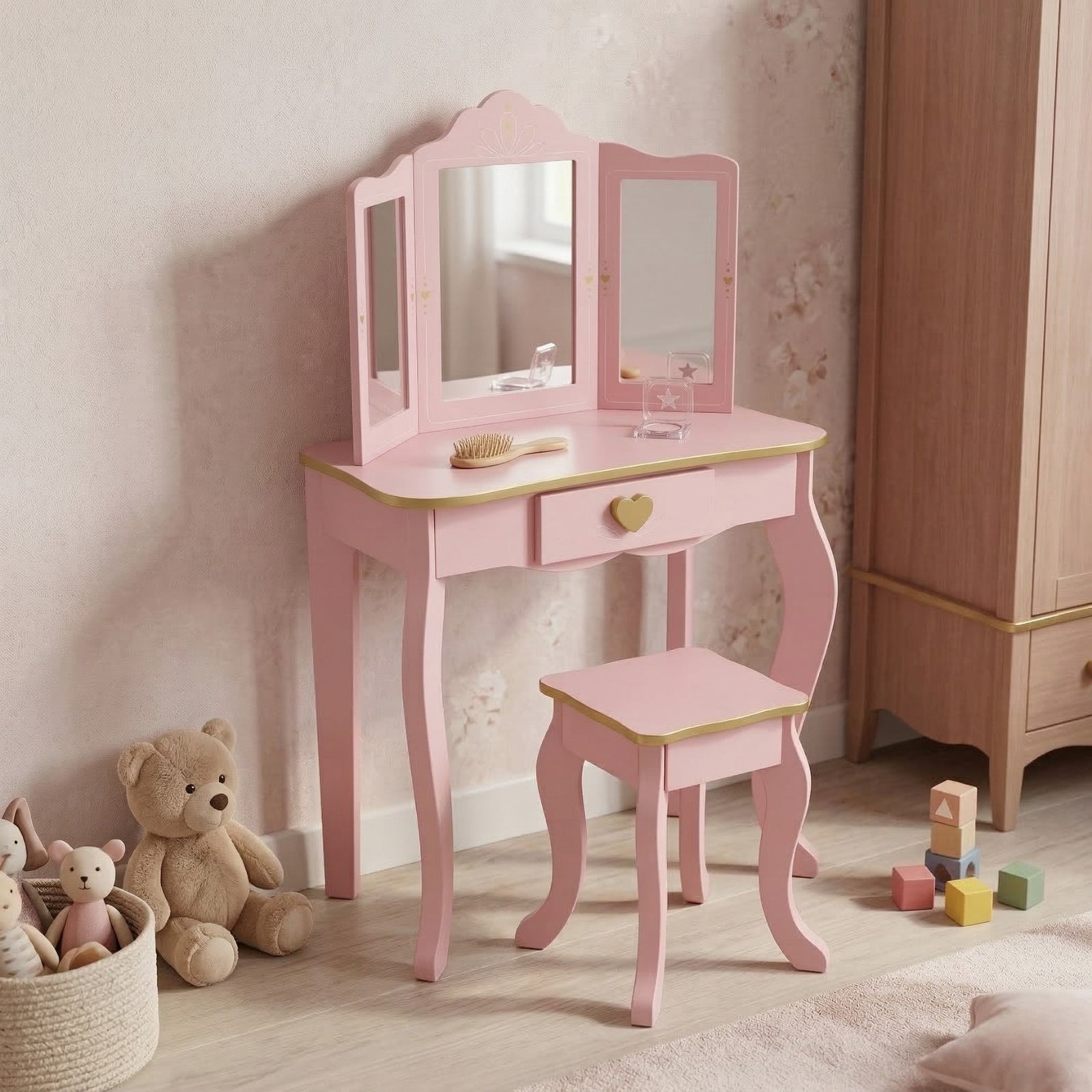 Toaletka dziecięca REIA, z lustrem i krzesełkiem w zestawie, róż 
