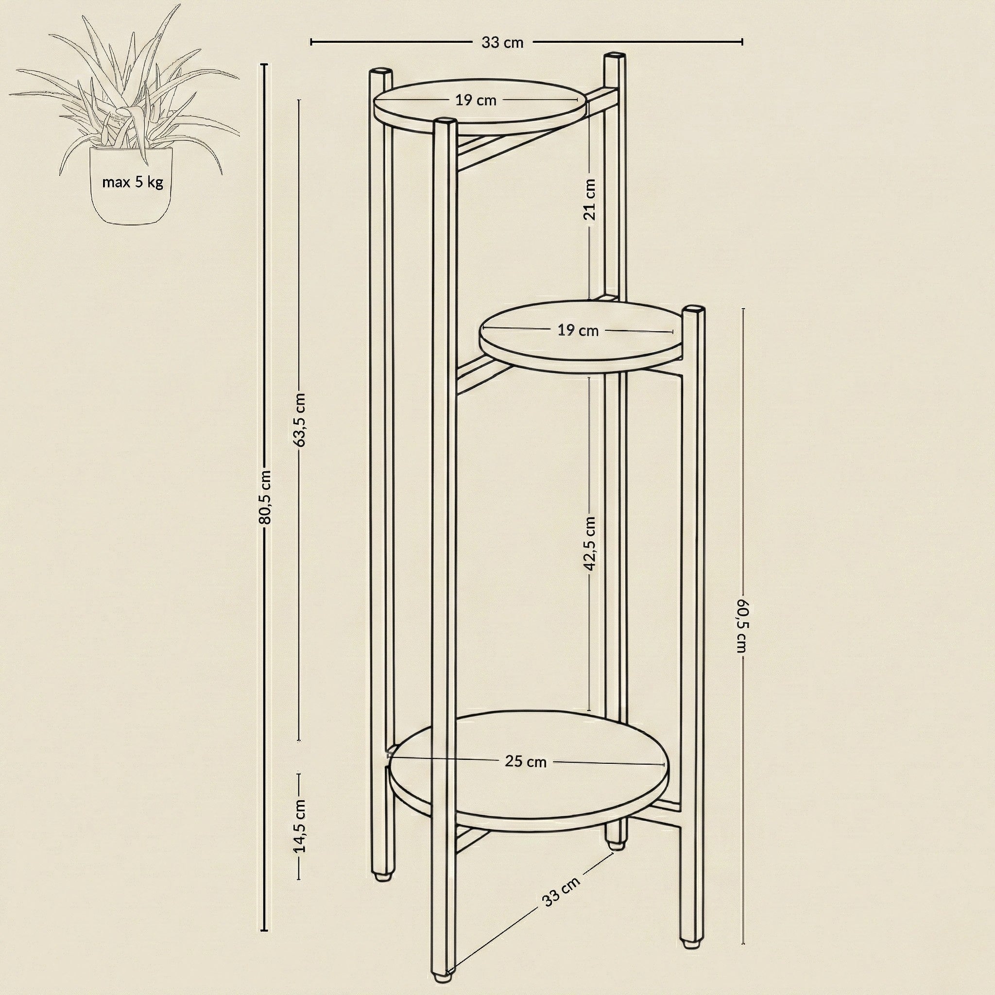 Wąski kwietnik stojący STEM na 3 kwiaty, Ø 33 x 80,5 cm