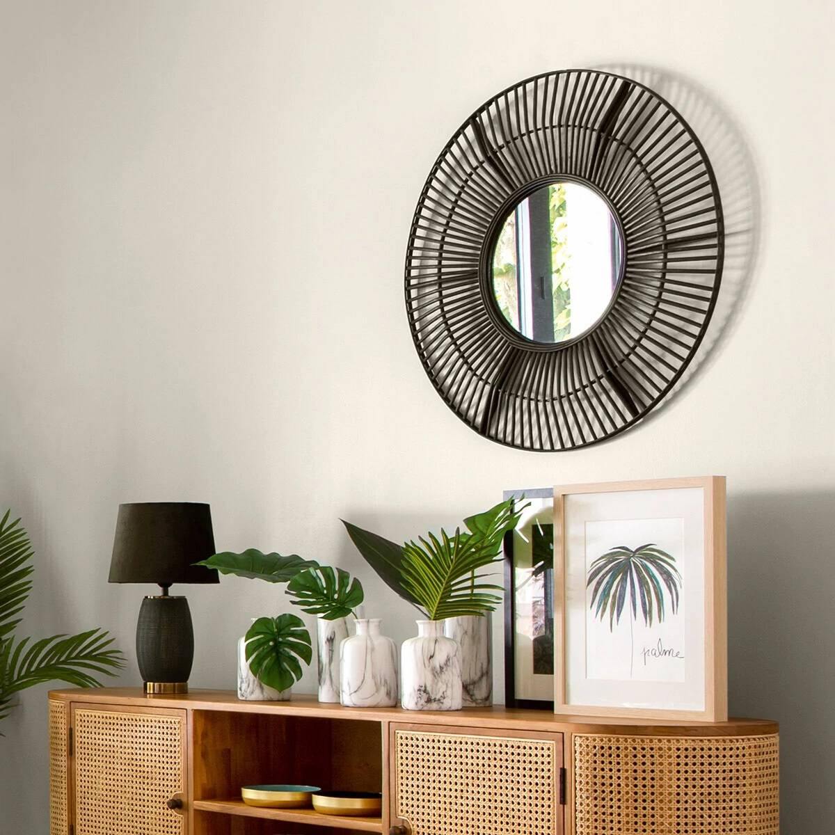 Lustro dekoracyjne w czarnej ramie, bambus, Ø 77 cm