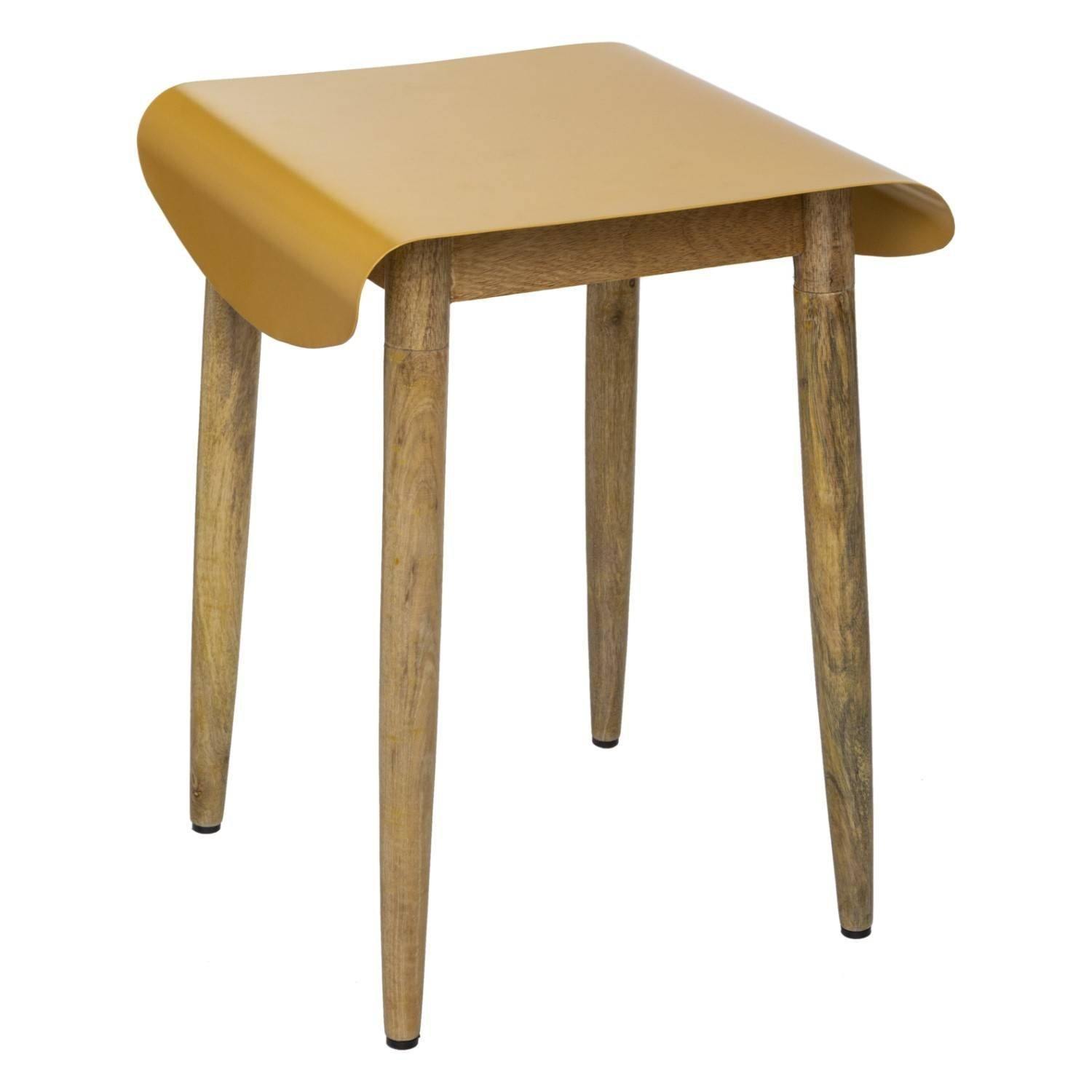 Taboret drewniany z metalowym siedziskiem, z drewna mango